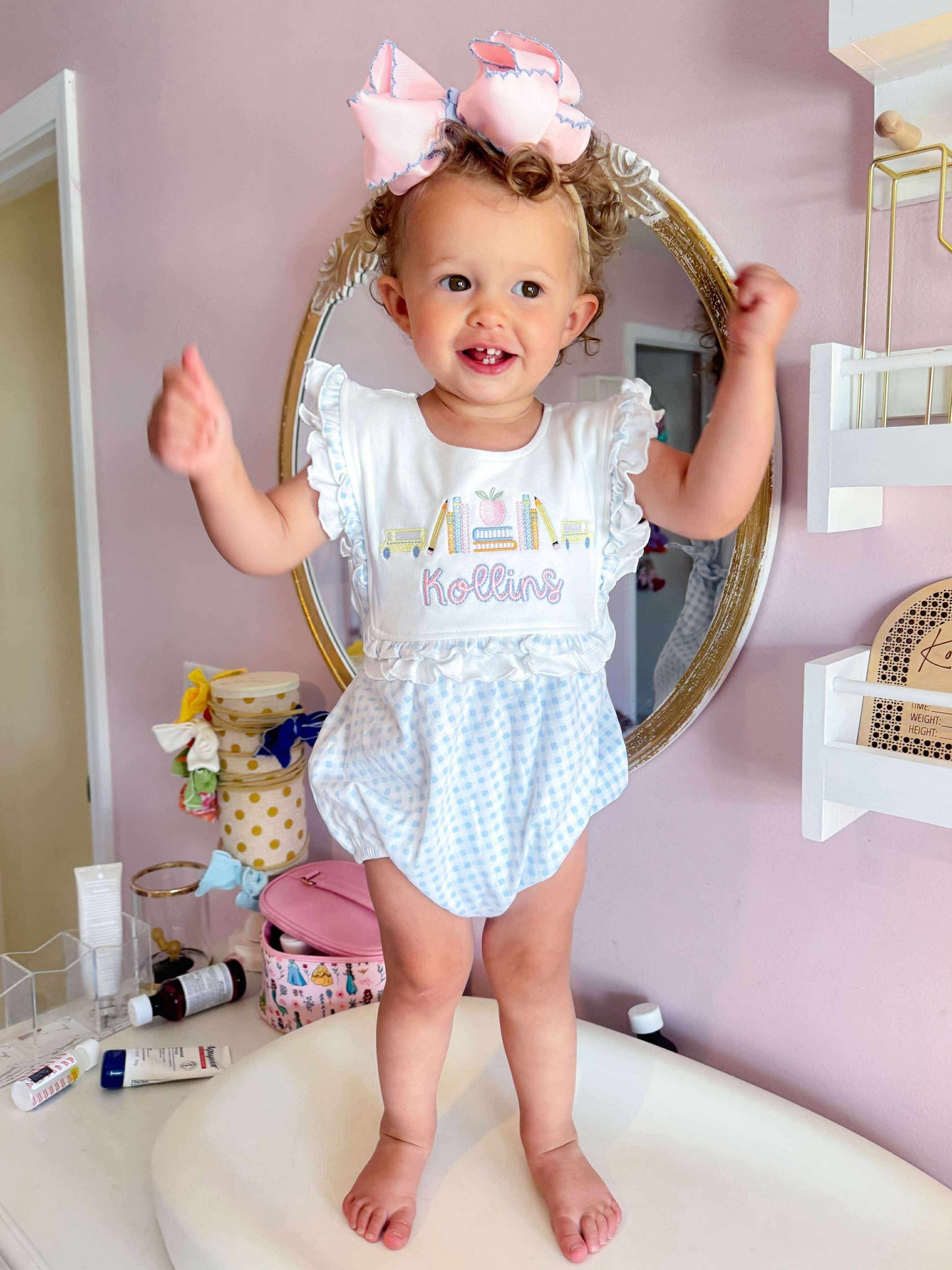 Embroidered Blue Gingham Ruffle Bubble