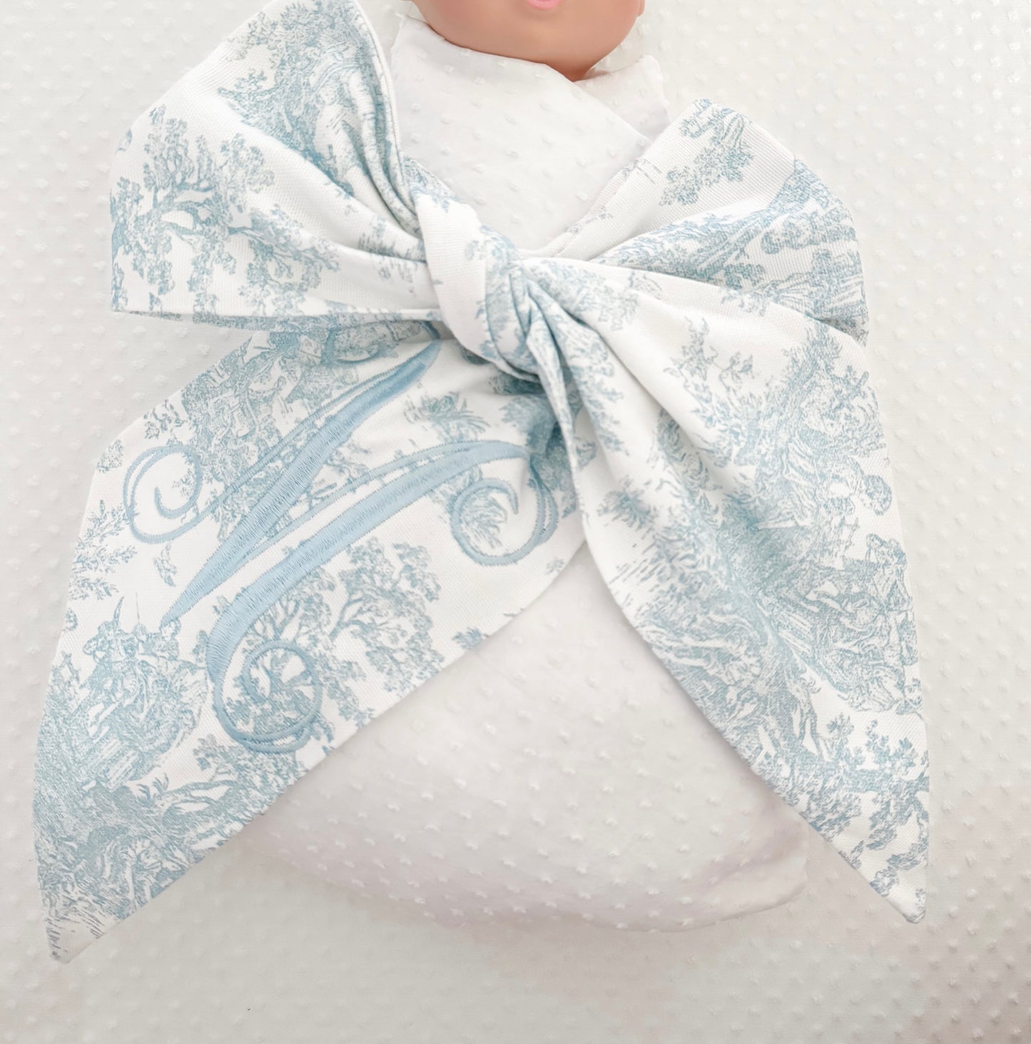 Monogrammed NB Blue Toile Bow Sash
