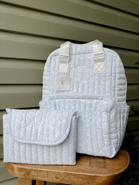 TRVL BLUE WOODLAND QUILTED DIAPER BAG, CHANGING PAD AND EVERYDAY BAG SET