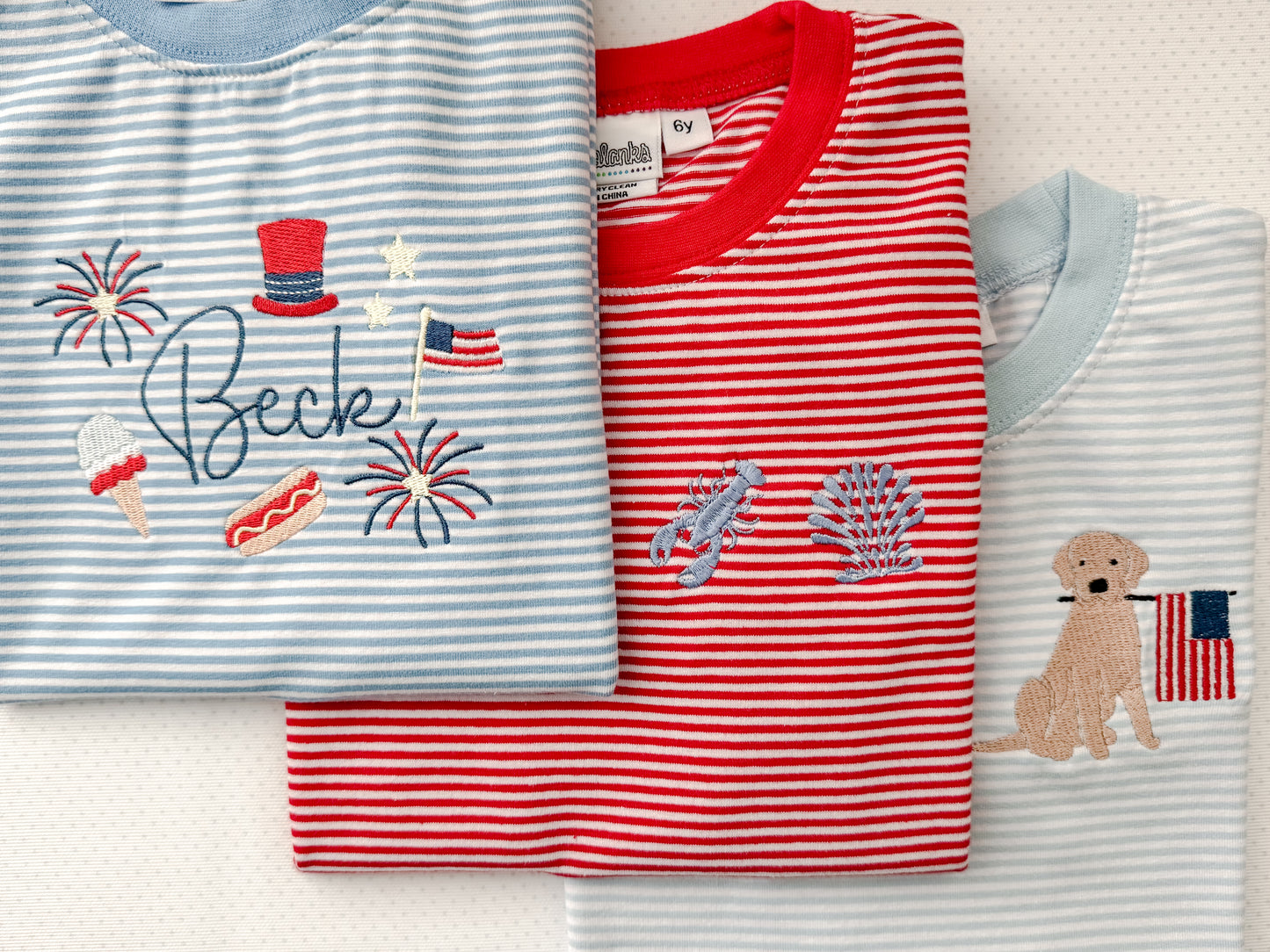 Embroidered SS Light Blue Stripe Puppy/Flag Tee/Bubble