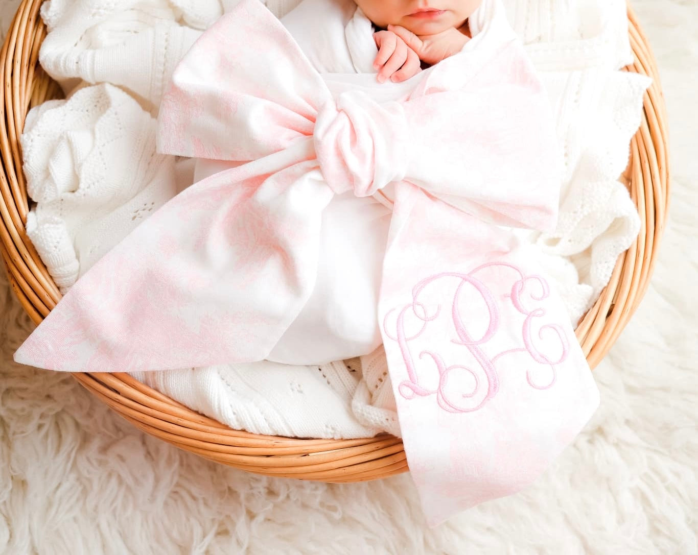 Monogrammed NB Pink Toile Bow Sash