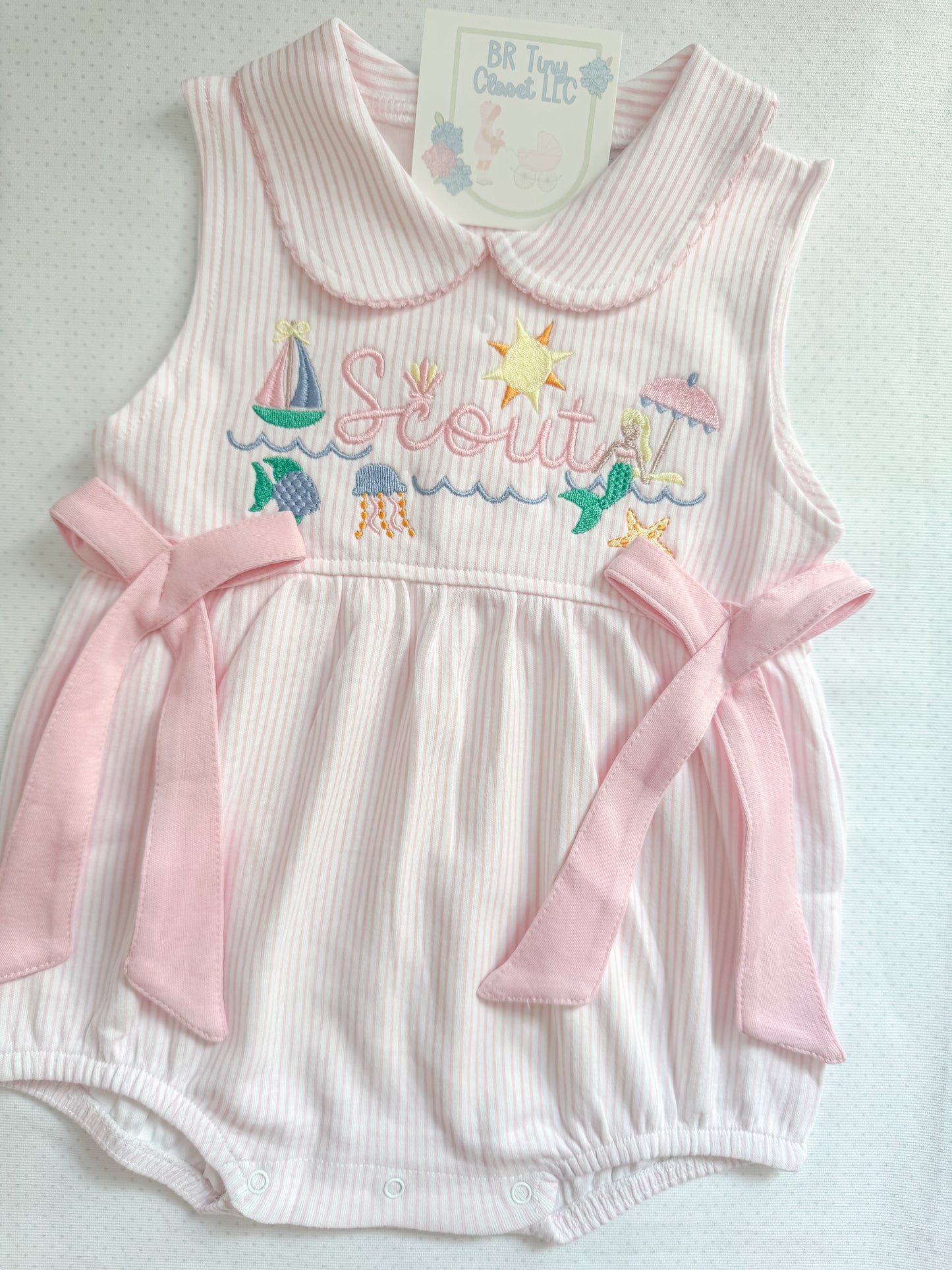 Embroidered Beach Pink Bow Bubble with Eyelet Trim