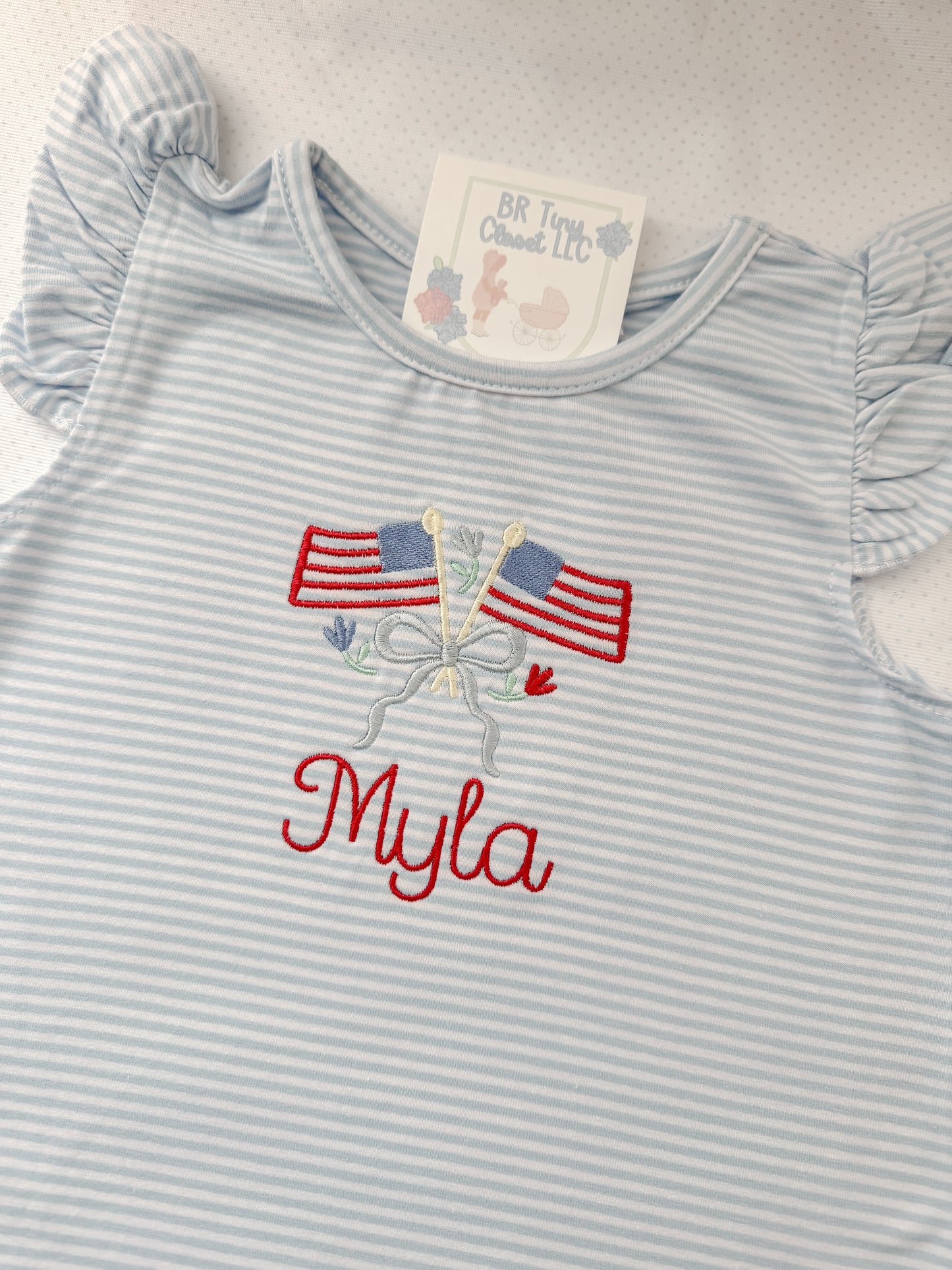 Embroidered Blue Stripe Flutter Sleeve Bubble/Tee