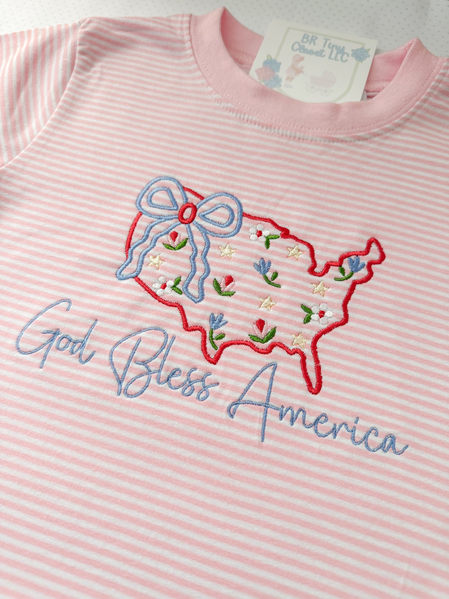 Embroidered SS Pink Stripe God Bless America Tee/Bubble