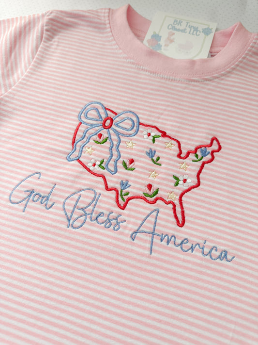 Embroidered SS Pink Stripe God Bless America Tee/Bubble