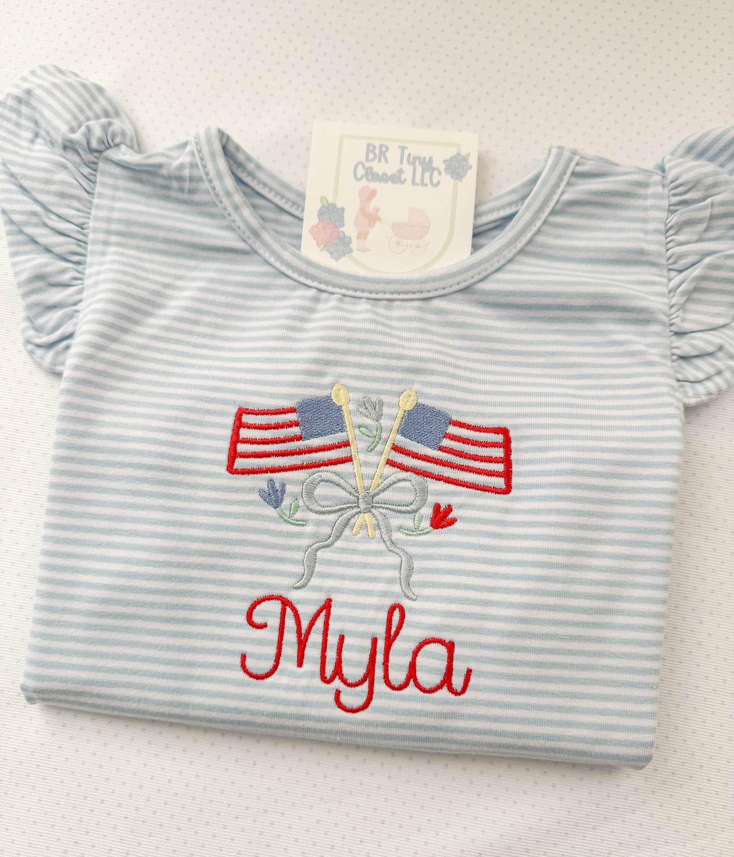 Embroidered Blue Stripe Flutter Sleeve Bubble/Tee
