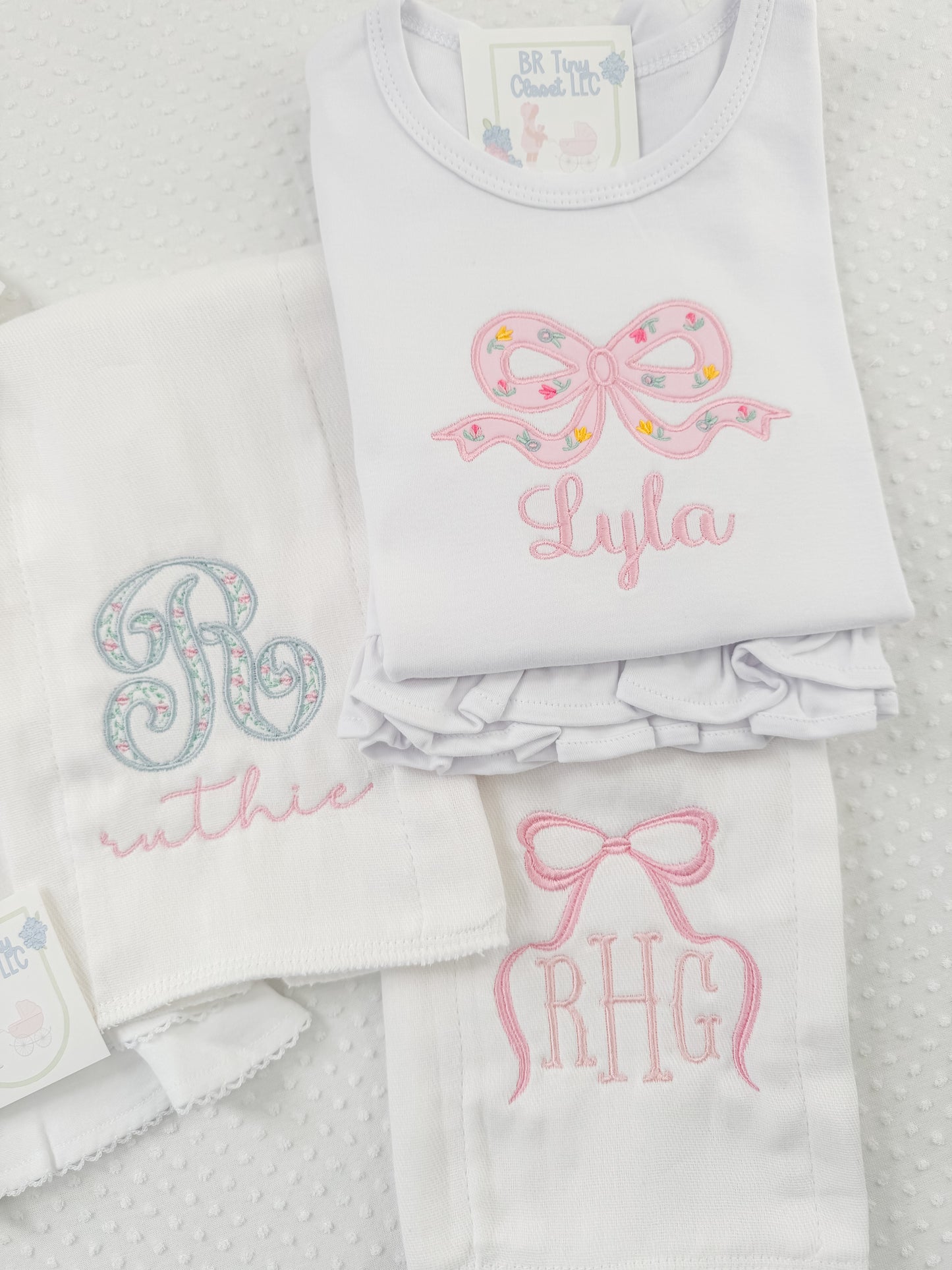SET of 3, Baby Girl Embroidered Burp Cloths