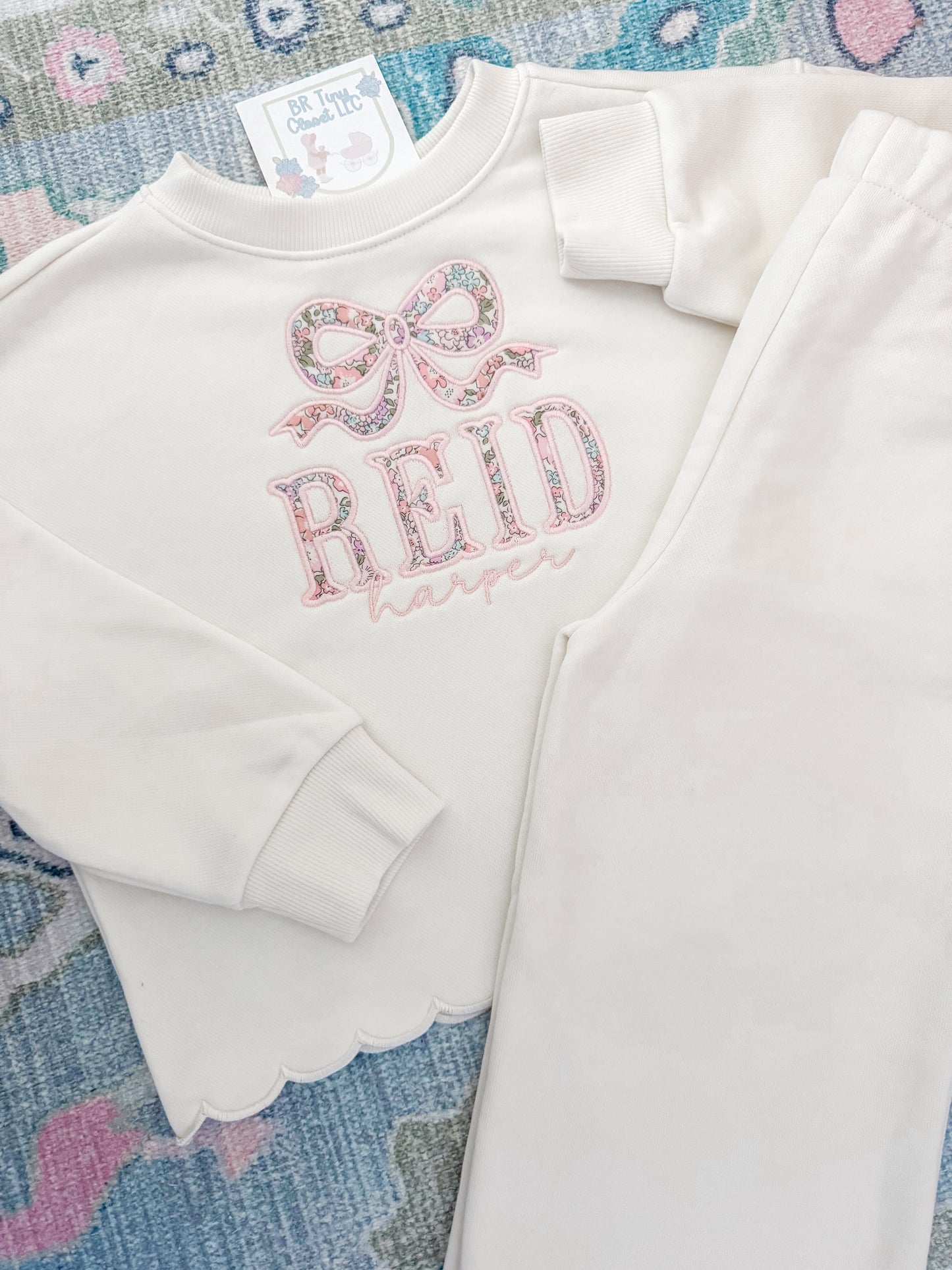 Cream Scalloped Sweatsuit w/ Appliqué Bow/Name