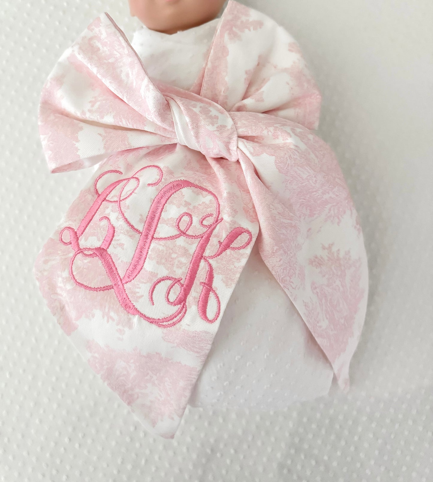 Monogrammed NB Pink Toile Bow Sash