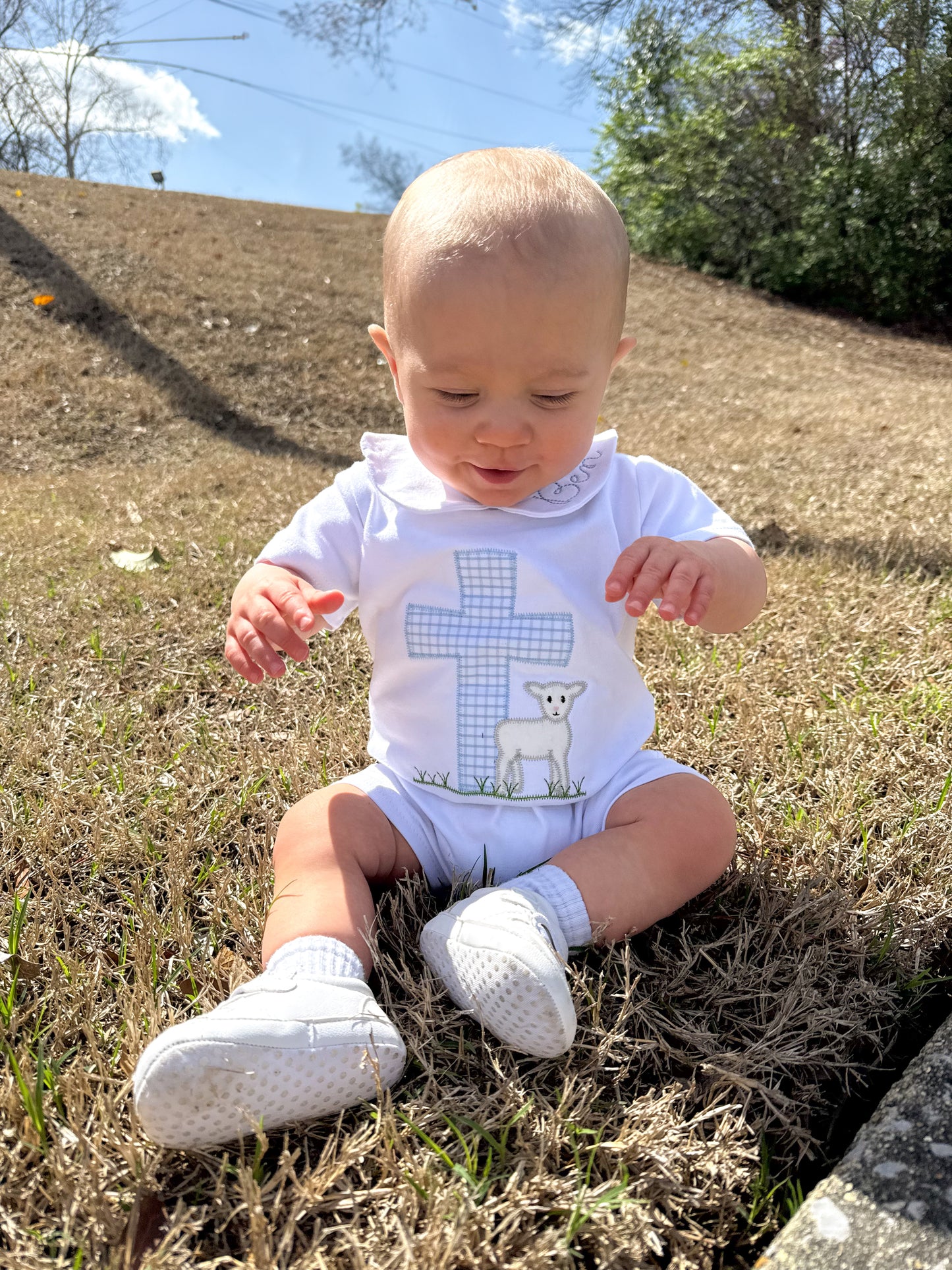 Appliqué Easter/ Cross Lamb Collared Romper