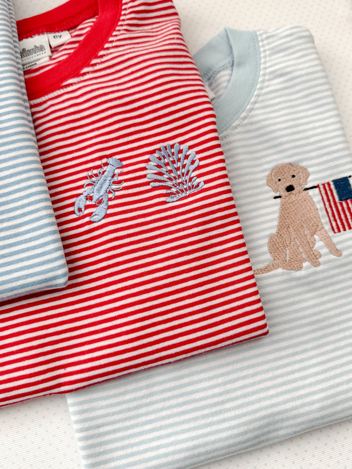 Embroidered SS Red Stripe Beach Tee/Bubble