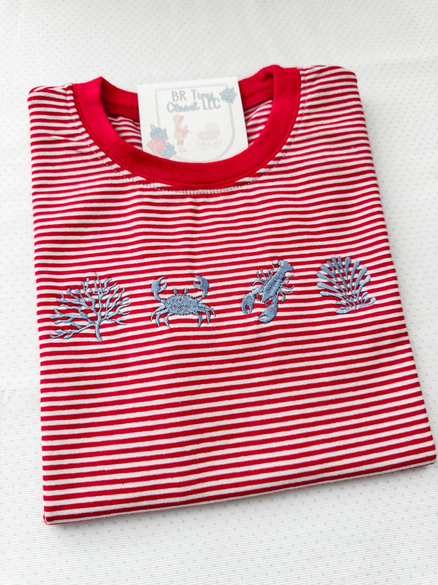 Embroidered SS Red Stripe Beach Tee/Bubble