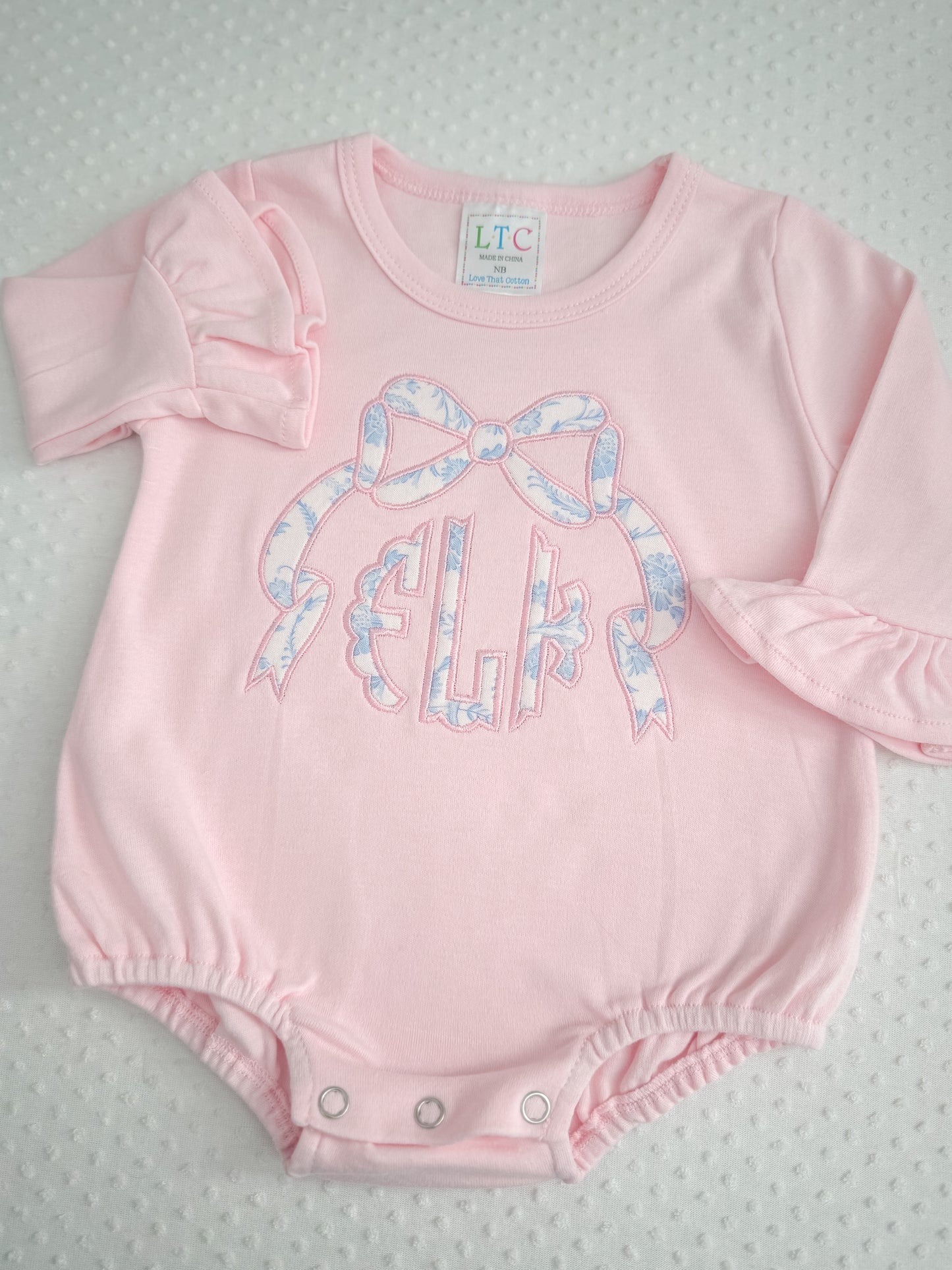 LS Ruffle Appliqué Bow Monogram Bubble