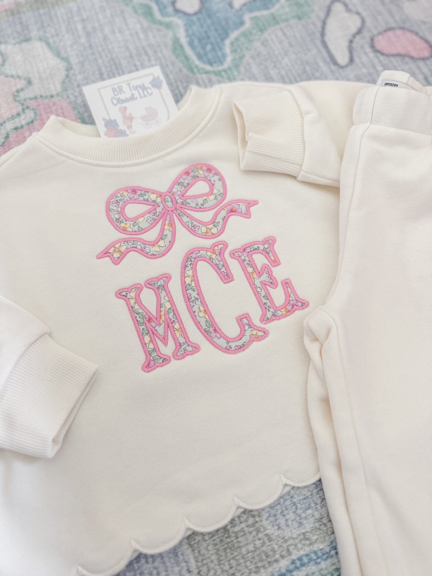 Cream Scalloped Sweatsuit w/ Appliqué Bow/Name