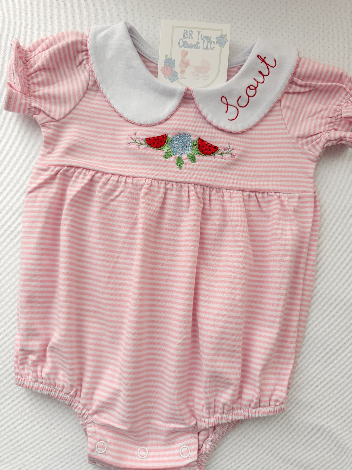 Embroidered SS Pink Stripe Watermelon/Flowers Bubble