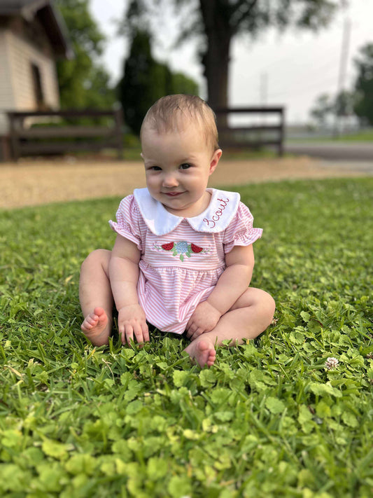 Embroidered SS Pink Stripe Watermelon/Flowers Bubble