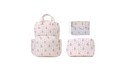 TRVL PINK FLEURIE QUILTED DIAPER BAG, CHANGING PAD AND EVERYDAY BAG SET