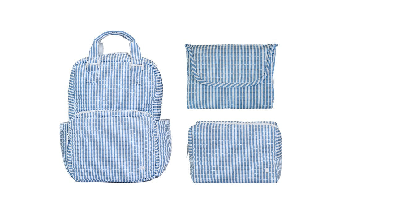 TRVL PIMLICO STRIPE CHAMBRAY QUILTED DIAPER BAG, CHANGING PAD AND EVERYDAY BAG SET