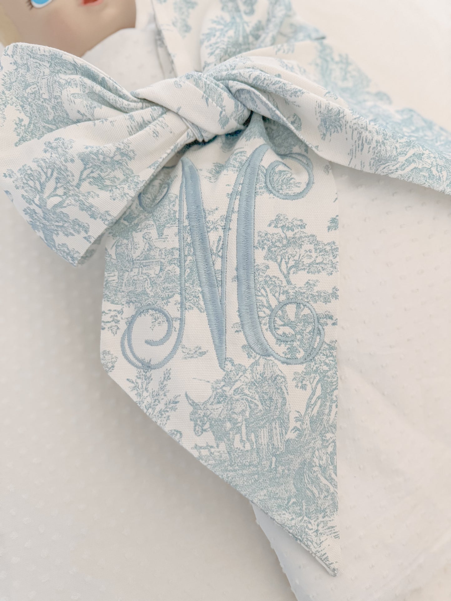 Monogrammed NB Blue Toile Bow Sash