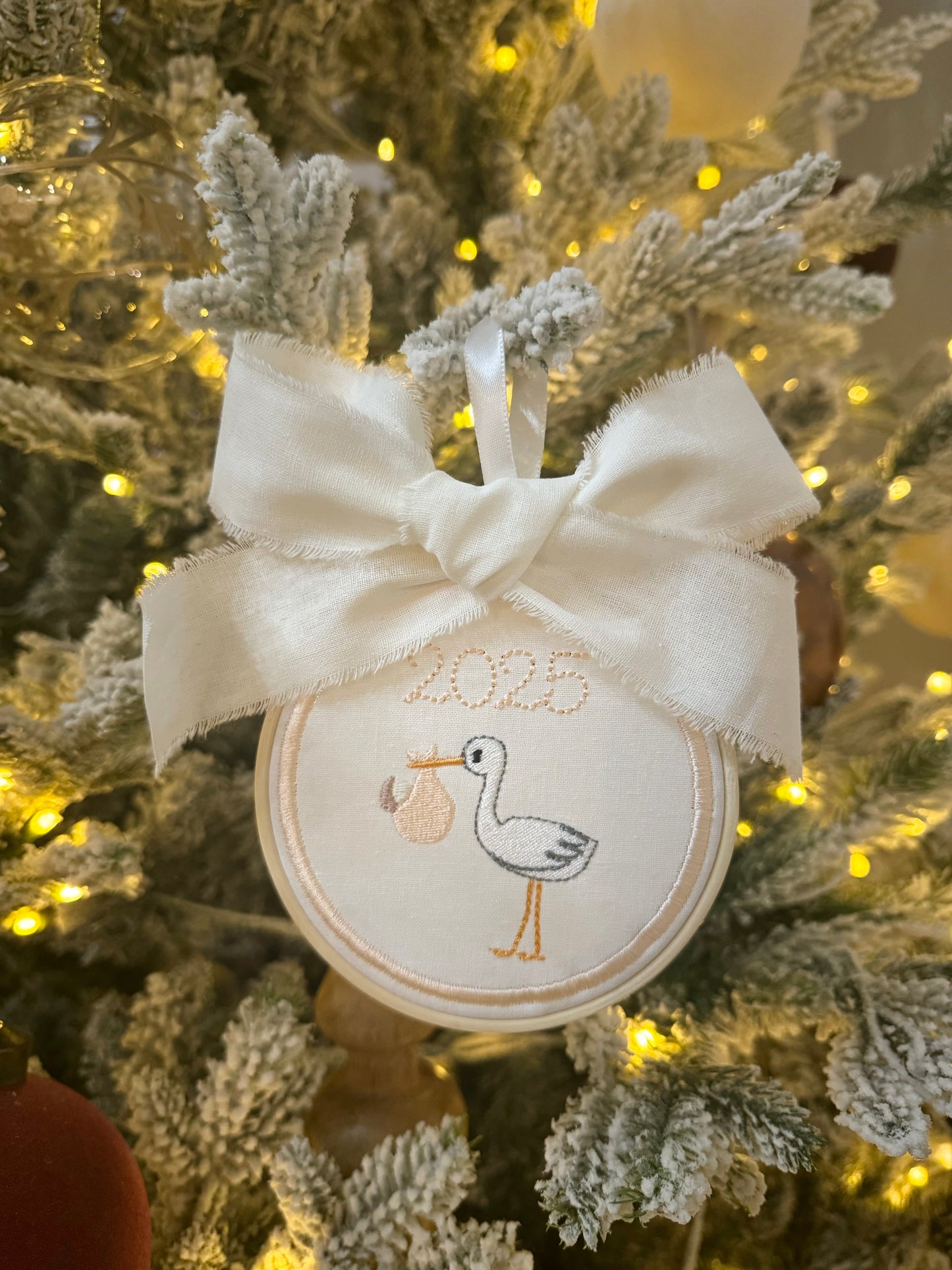 Embroidered Christmas Baby Announcement Ornament Stork