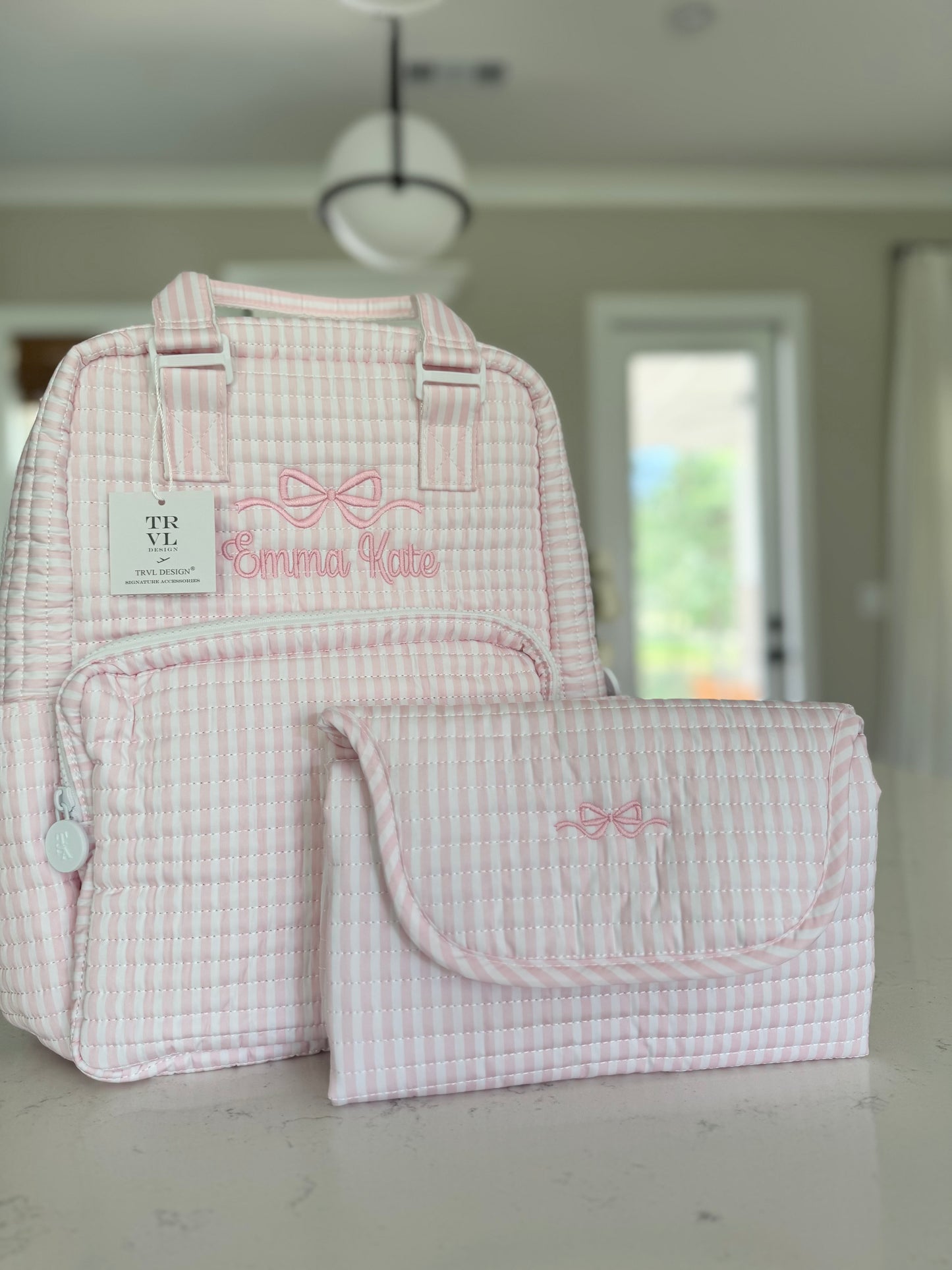 TRVL PINK PIMLICO STRIPE QUILTED DIAPER BAG, CHANGING PAD AND EVERYDAY BAG SET