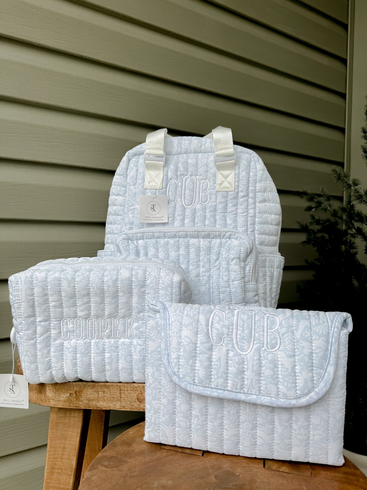 TRVL BLUE WOODLAND QUILTED DIAPER BAG, CHANGING PAD AND EVERYDAY BAG SET