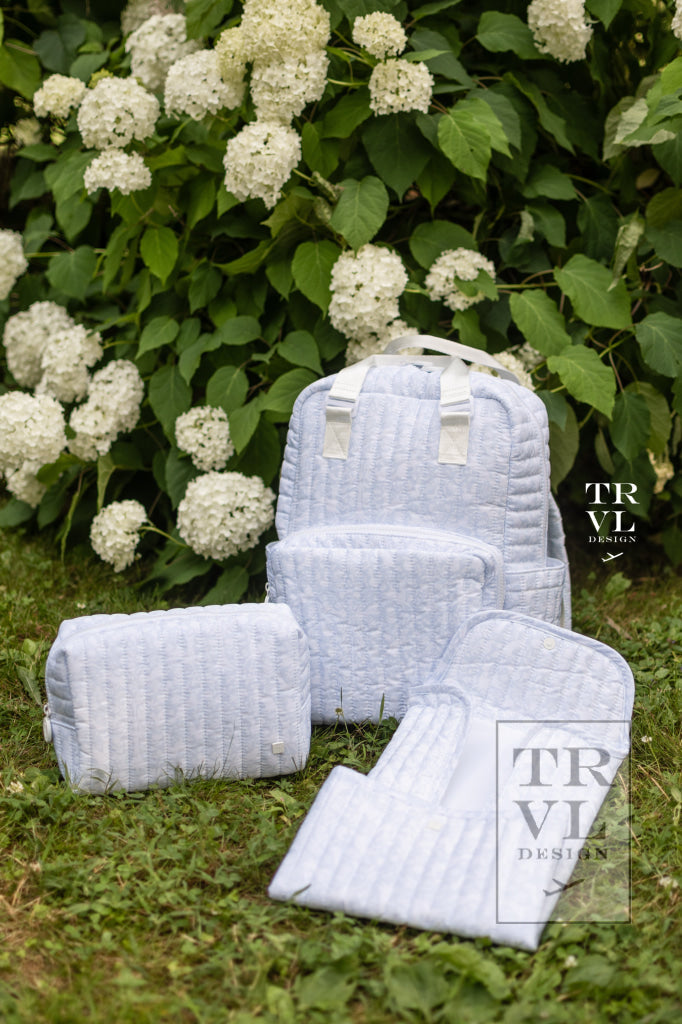 TRVL BLUE WOODLAND QUILTED DIAPER BAG, CHANGING PAD AND EVERYDAY BAG SET