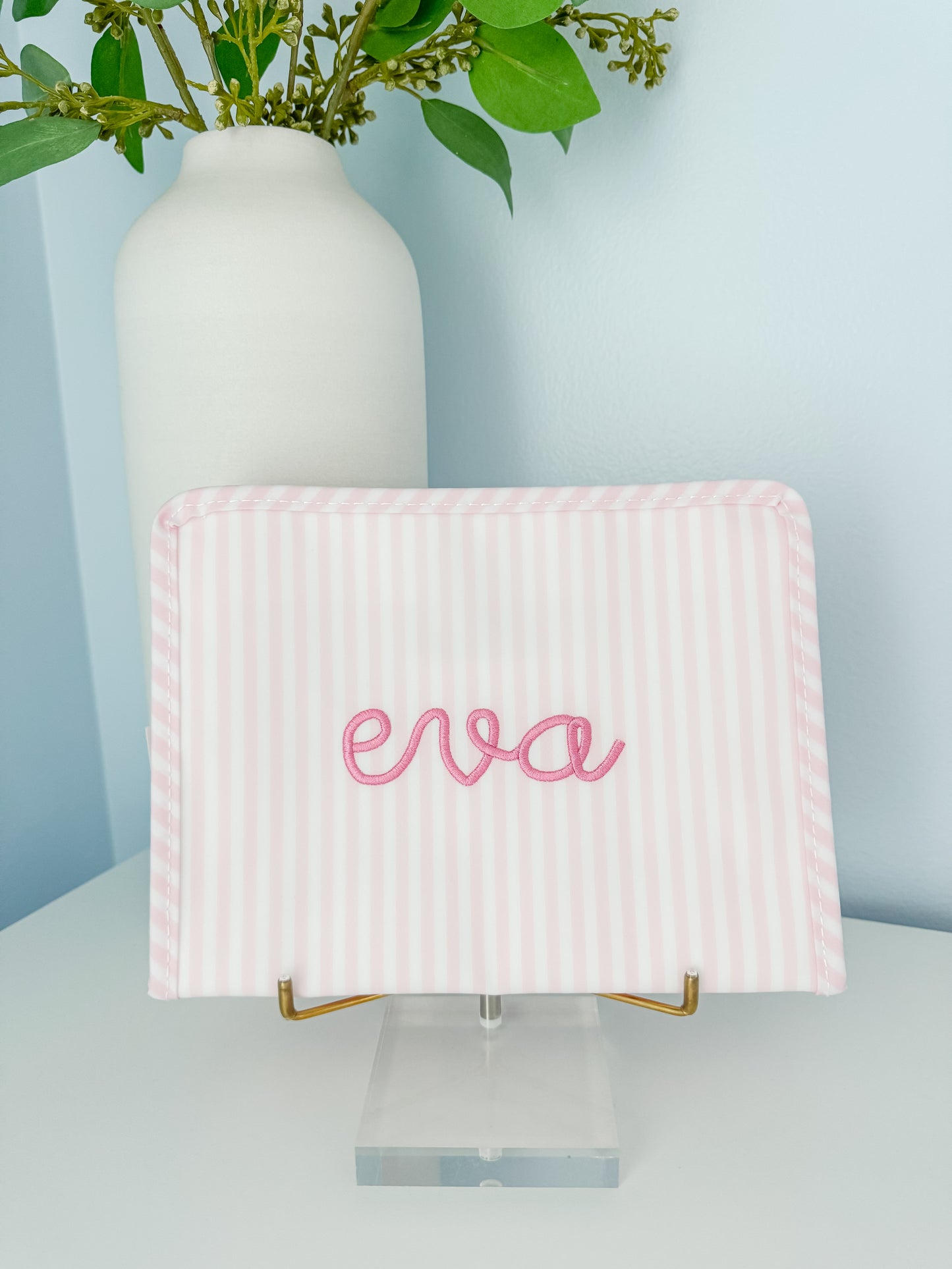 Embroidered “Eva” Medium TRVL Roadie- Pink Pimlico Stripe