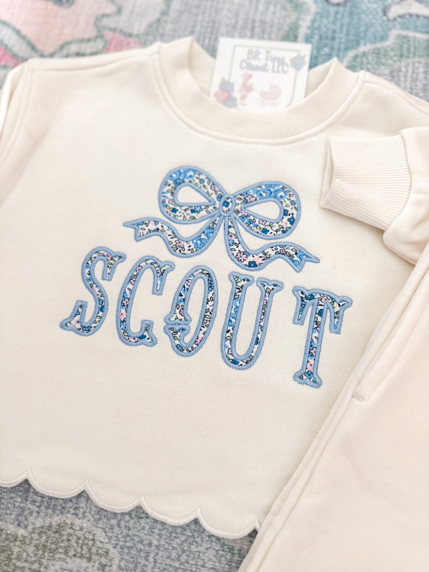 Cream Scalloped Sweatsuit w/ Appliqué Bow/Name
