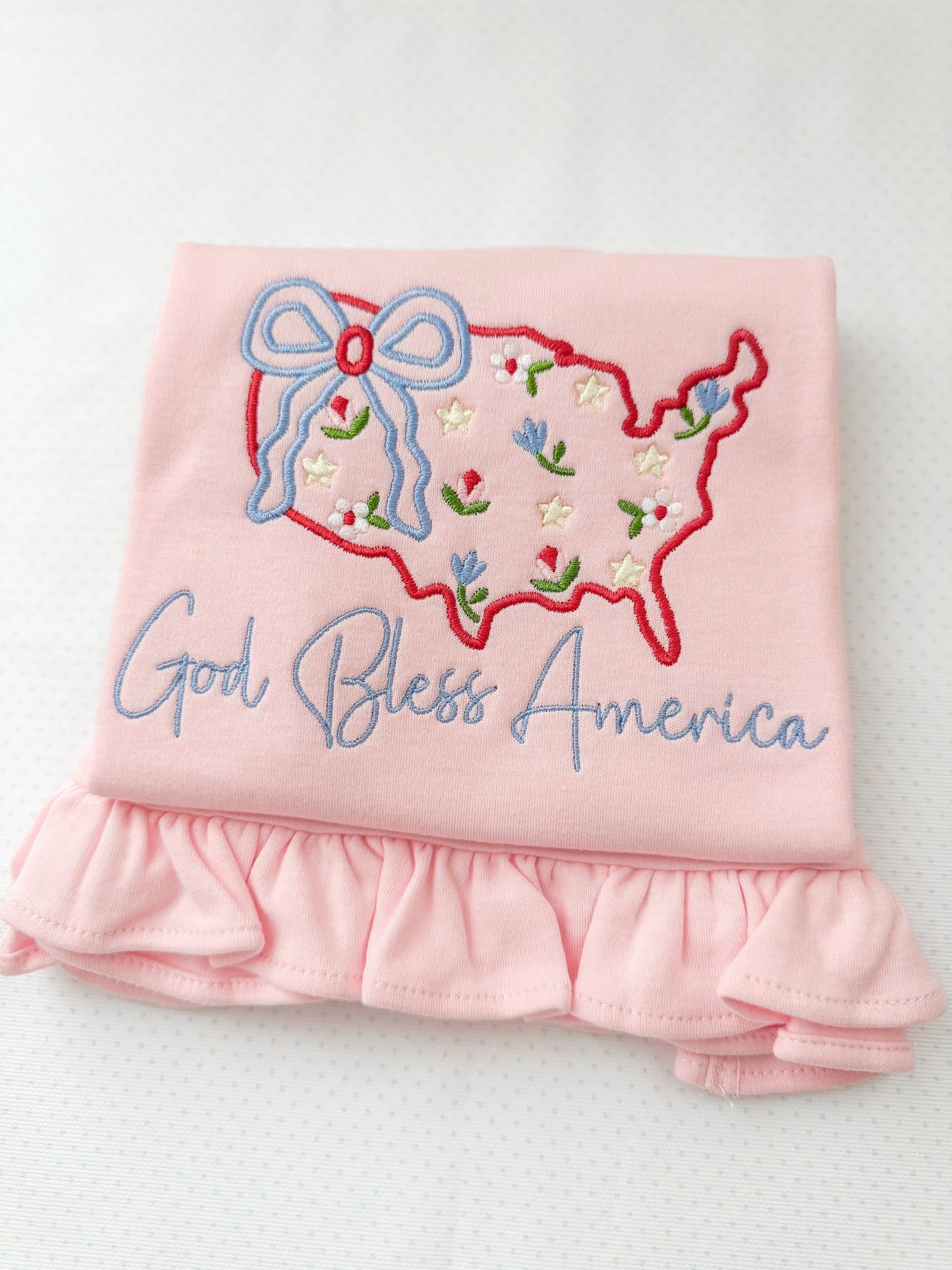 Embroidered SS Pink Stripe God Bless America Tee/Bubble