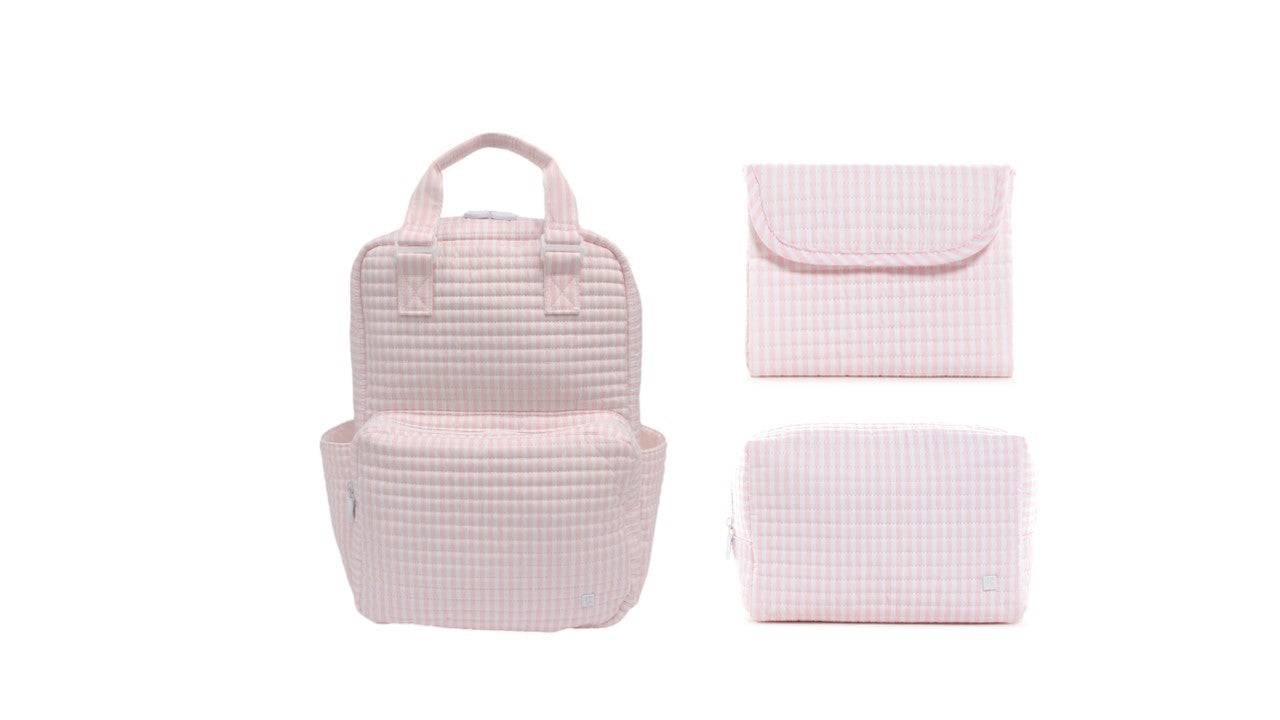TRVL PINK PIMLICO STRIPE QUILTED DIAPER BAG, CHANGING PAD AND EVERYDAY BAG SET