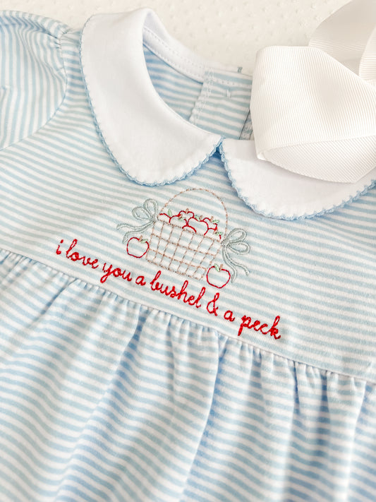 Embroidered SS Blue Stripe Bubble, I love you a bushel & a peck