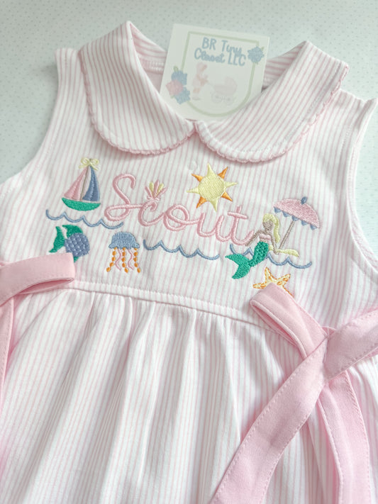 Embroidered Beach Pink Bow Bubble with Eyelet Trim