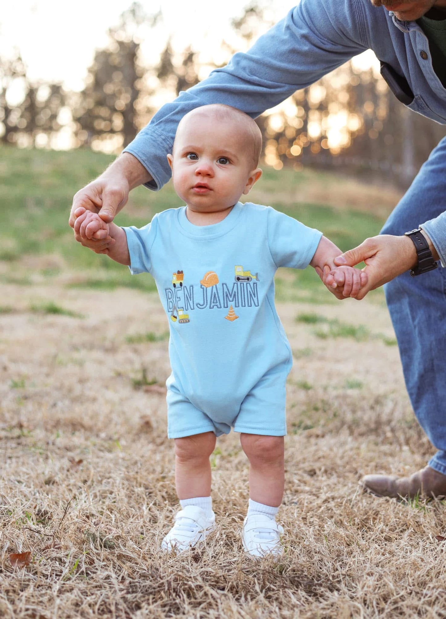 Boys Embroidered Construction Shirt/Romper