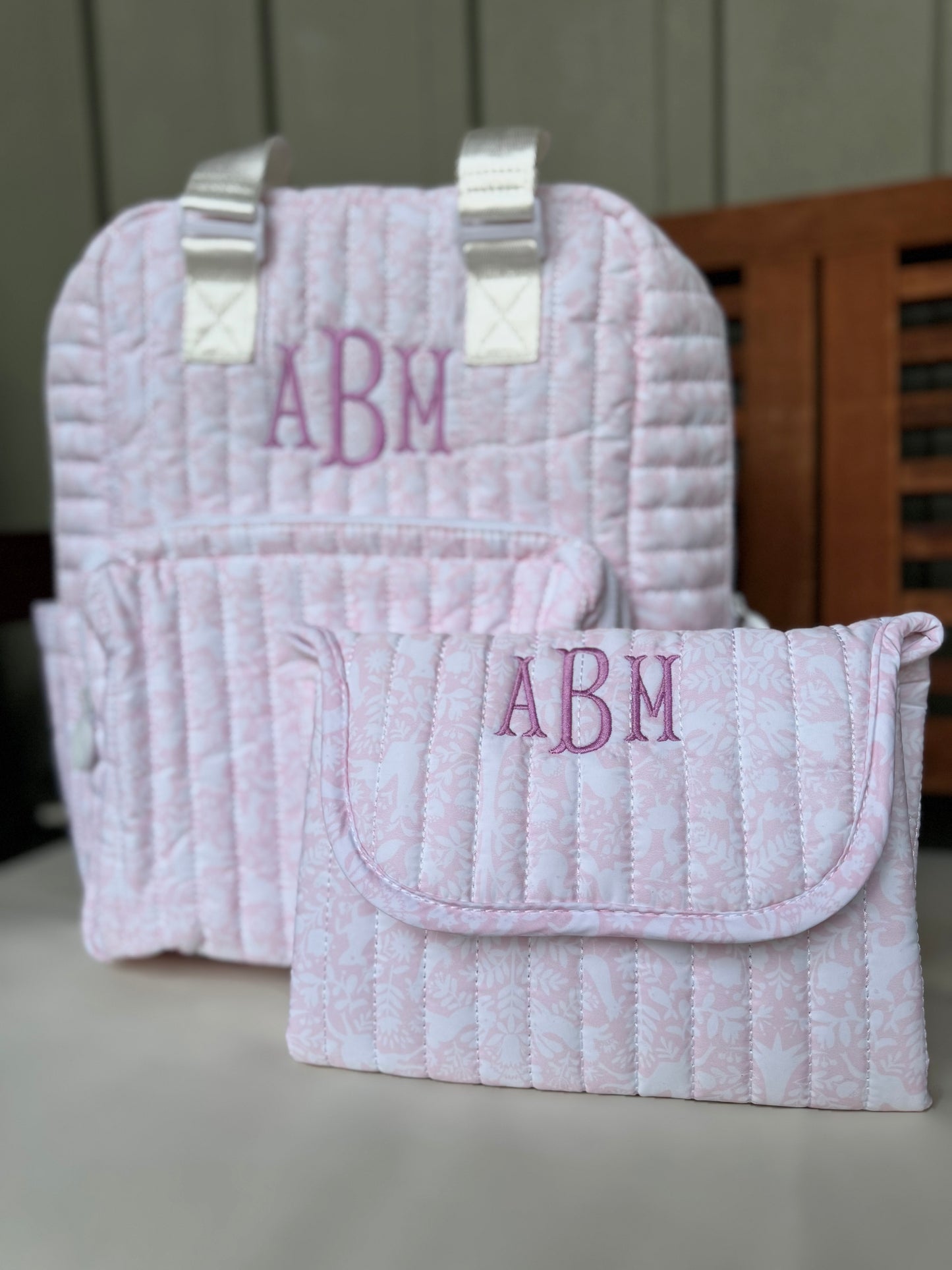 TRVL PINK WOODLAND QUILTED DIAPER BAG, CHANGING PAD AND EVERYDAY BAG SET
