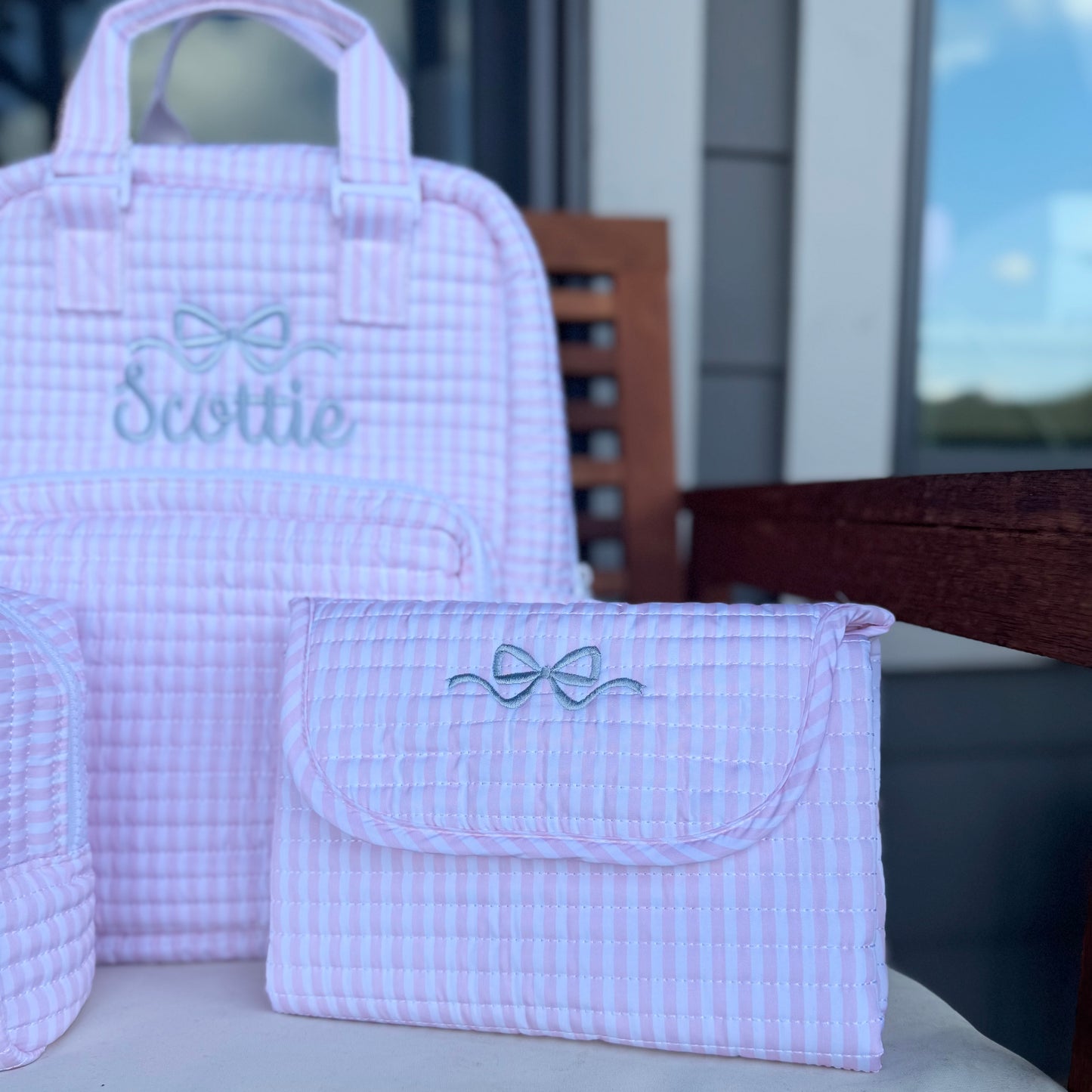 TRVL PINK PIMLICO STRIPE QUILTED DIAPER BAG, CHANGING PAD AND EVERYDAY BAG SET