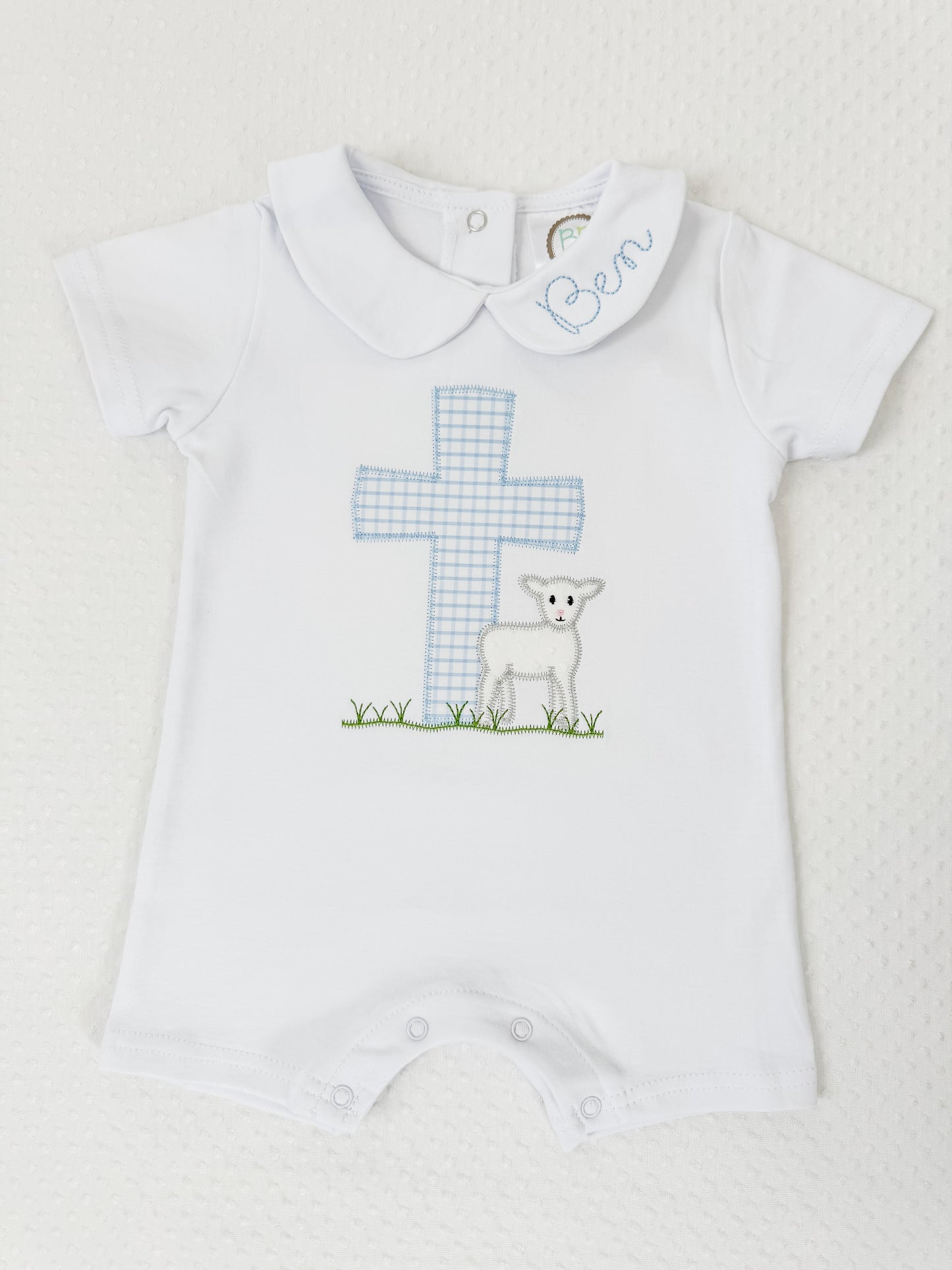 Appliqué Easter/ Cross Lamb Collared Romper