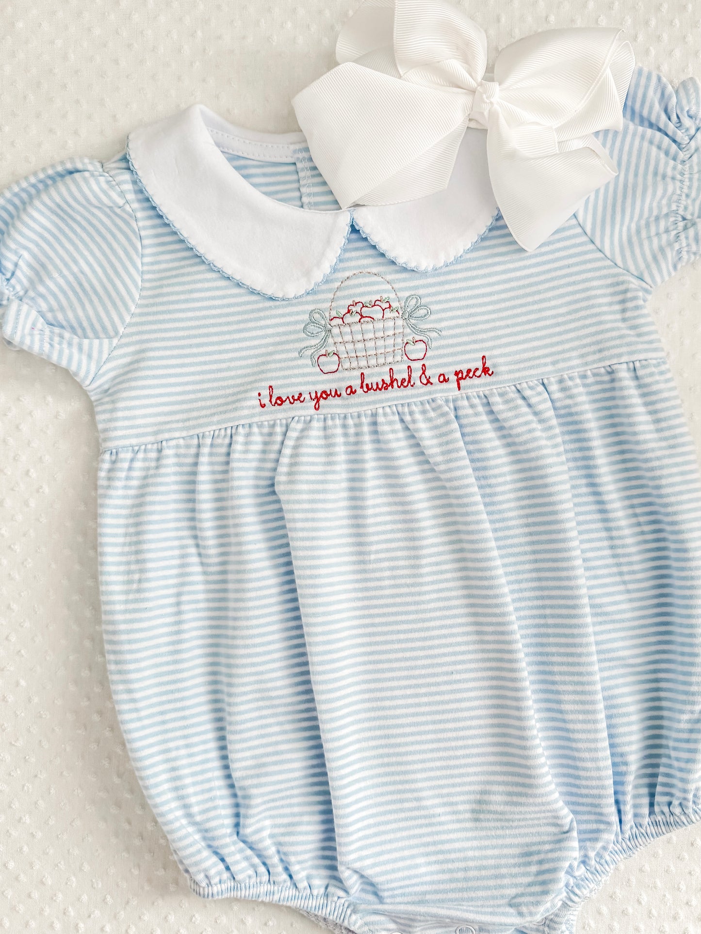 Embroidered SS Blue Stripe Bubble, I love you a bushel & a peck