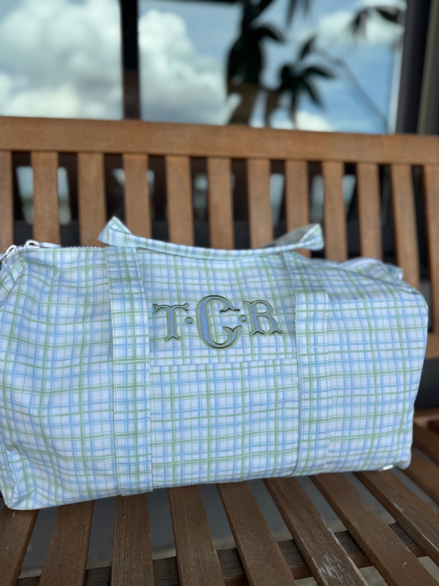 TRVL BLUE GREEN PLAID WEEKENDER DUFFEL