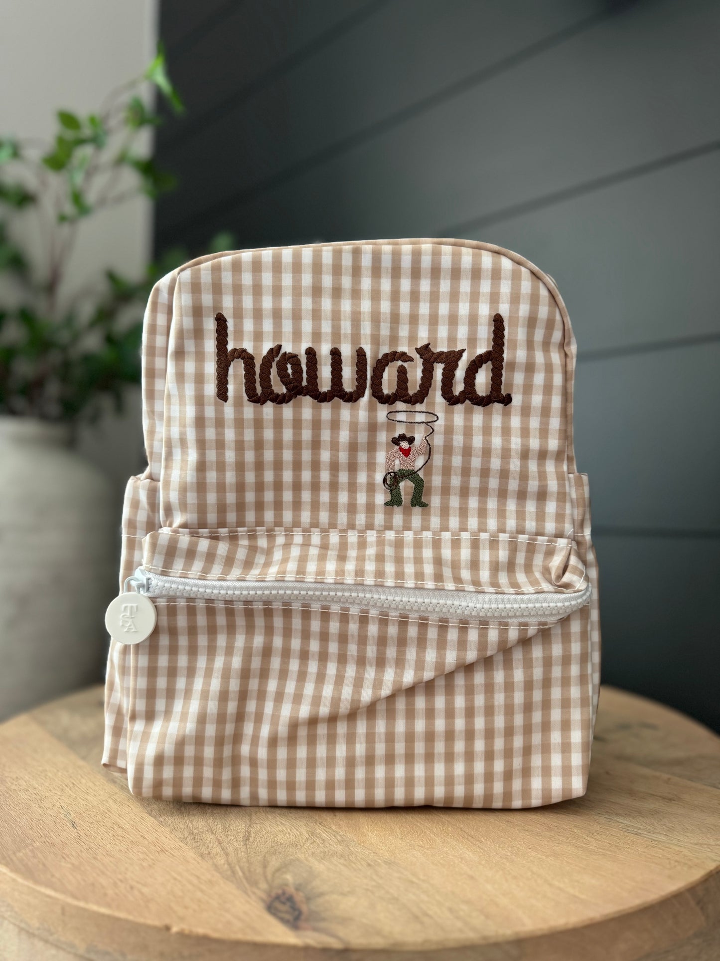 TRVL KHAKI GINGHAM MINI BACKPACK