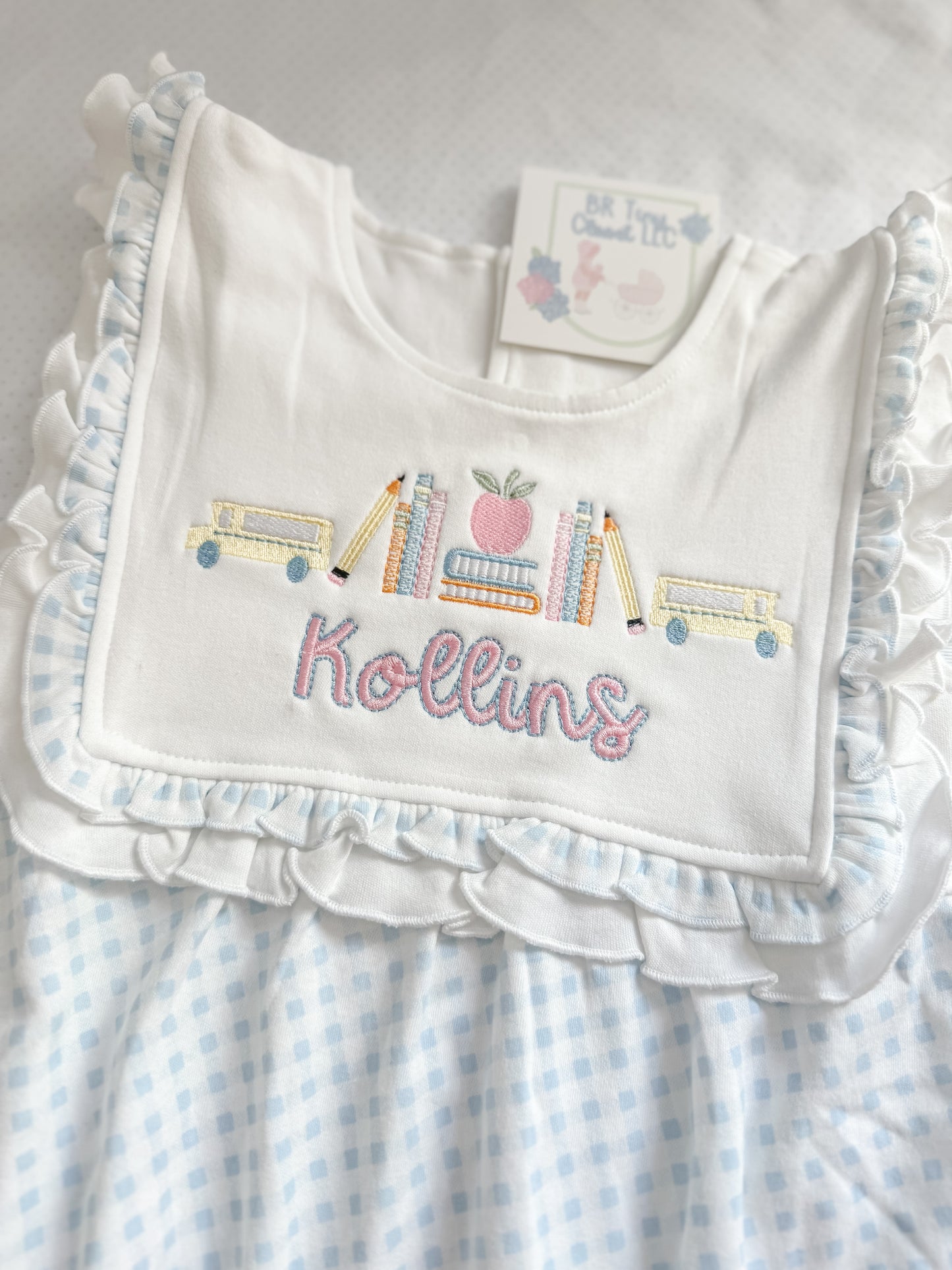 Embroidered Blue Gingham Ruffle Bubble