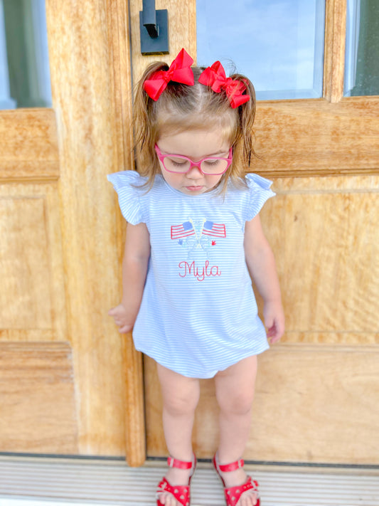 Embroidered Blue Stripe Flutter Sleeve Bubble/Tee