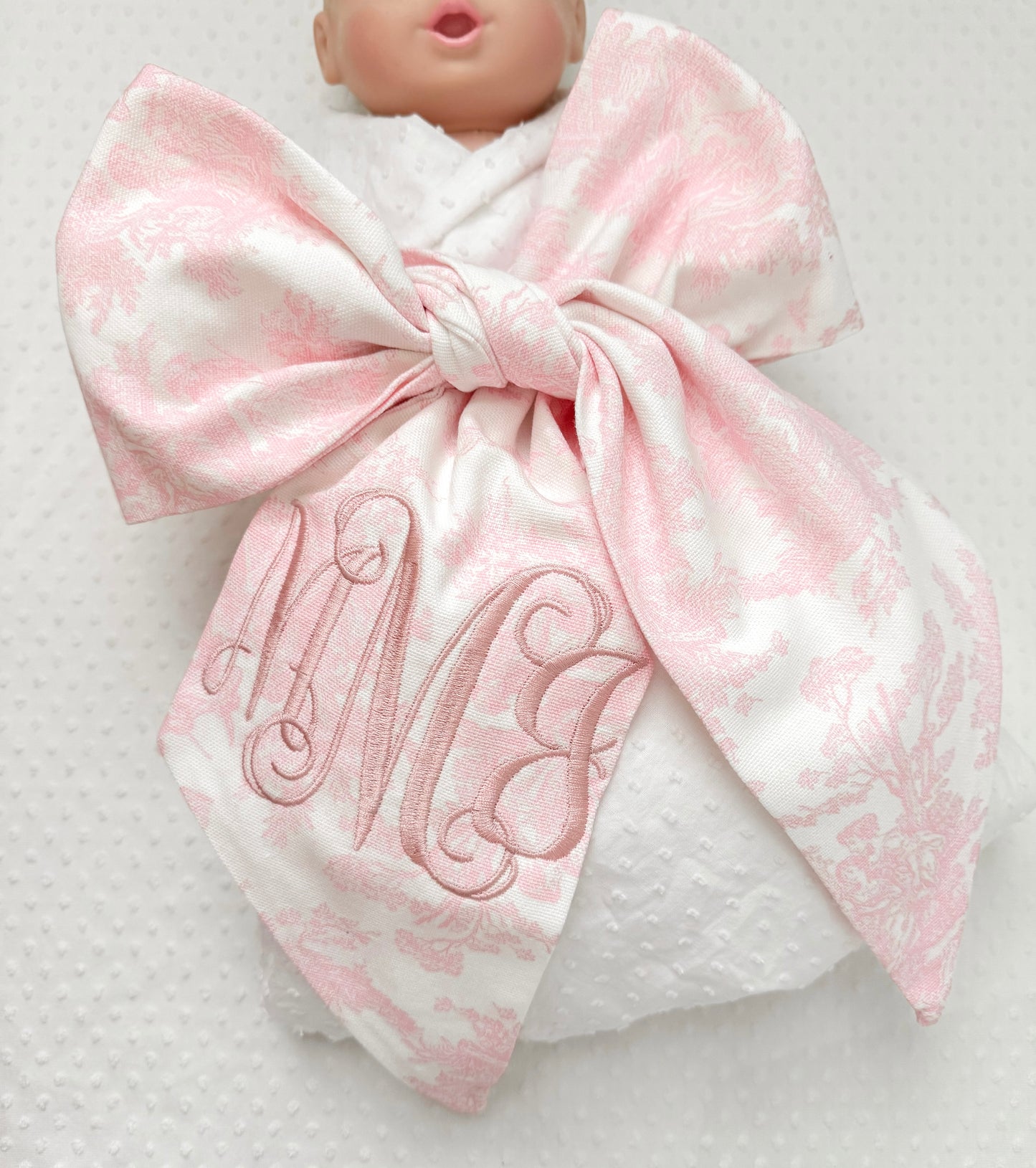 Monogrammed NB Pink Toile Bow Sash
