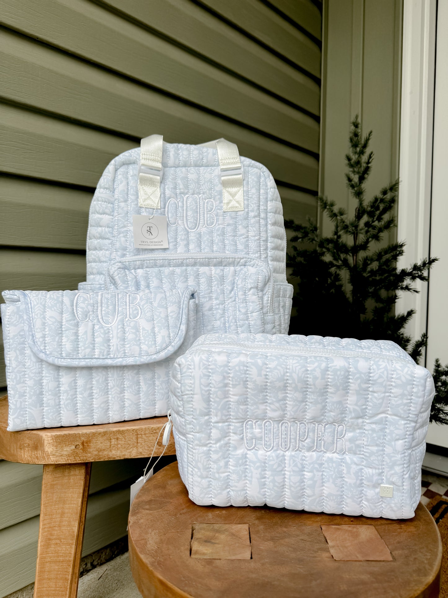TRVL BLUE WOODLAND QUILTED DIAPER BAG, CHANGING PAD AND EVERYDAY BAG SET