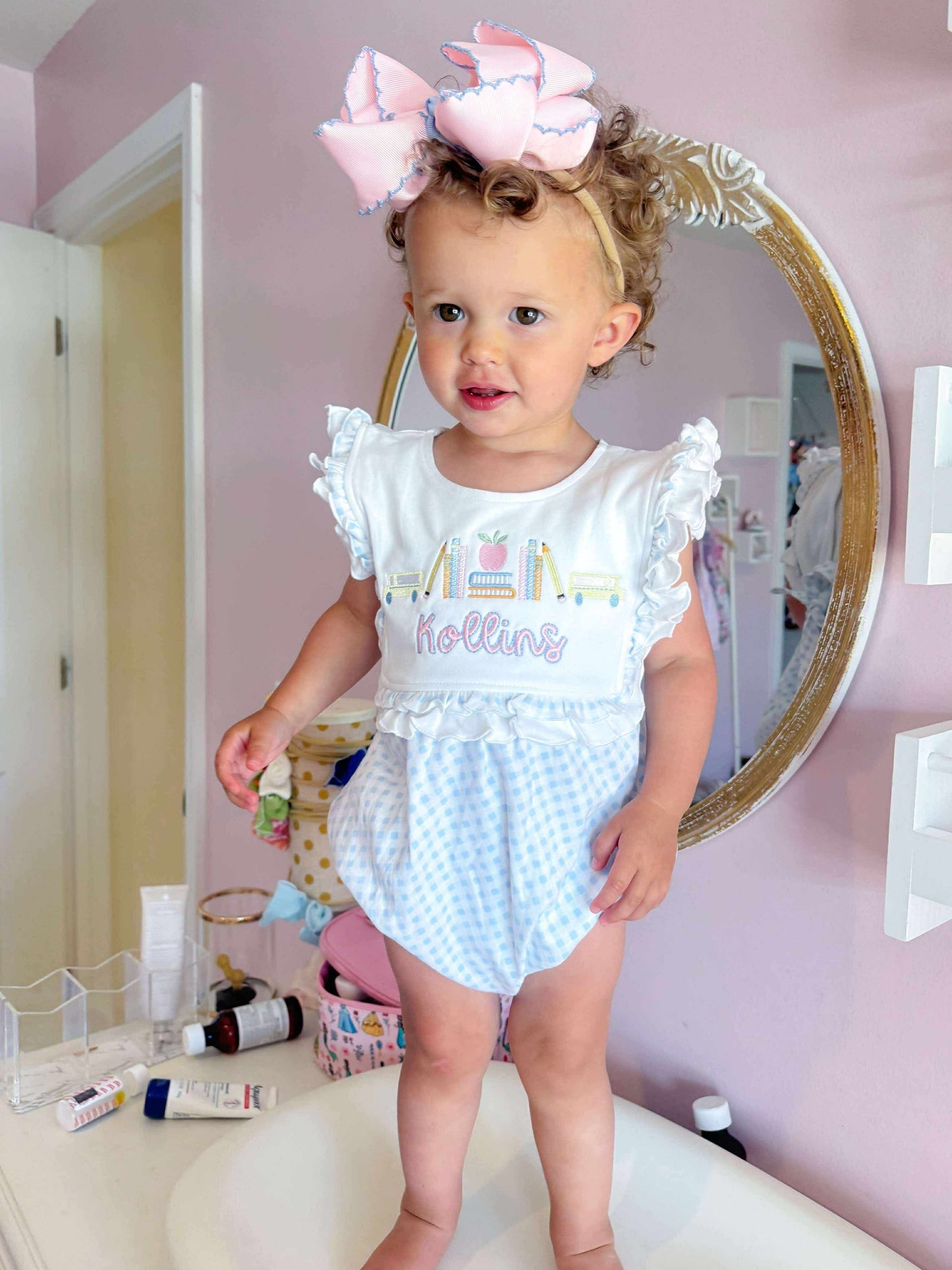 Embroidered Blue Gingham Ruffle Bubble