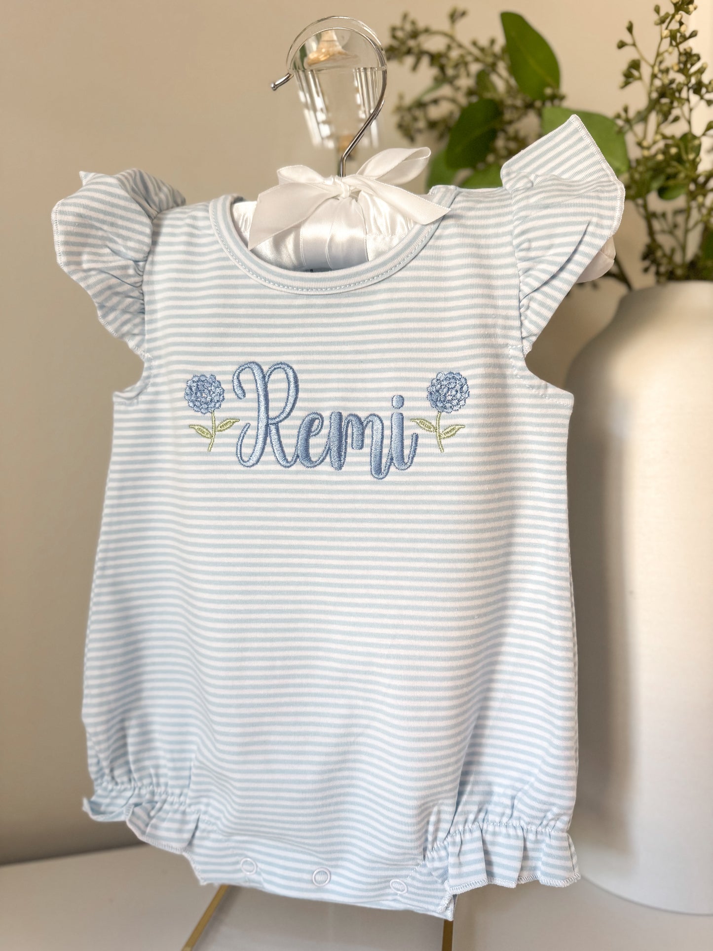 Embroidered Stripe Flutter Sleeve Hydrangeas Bubble/Tee
