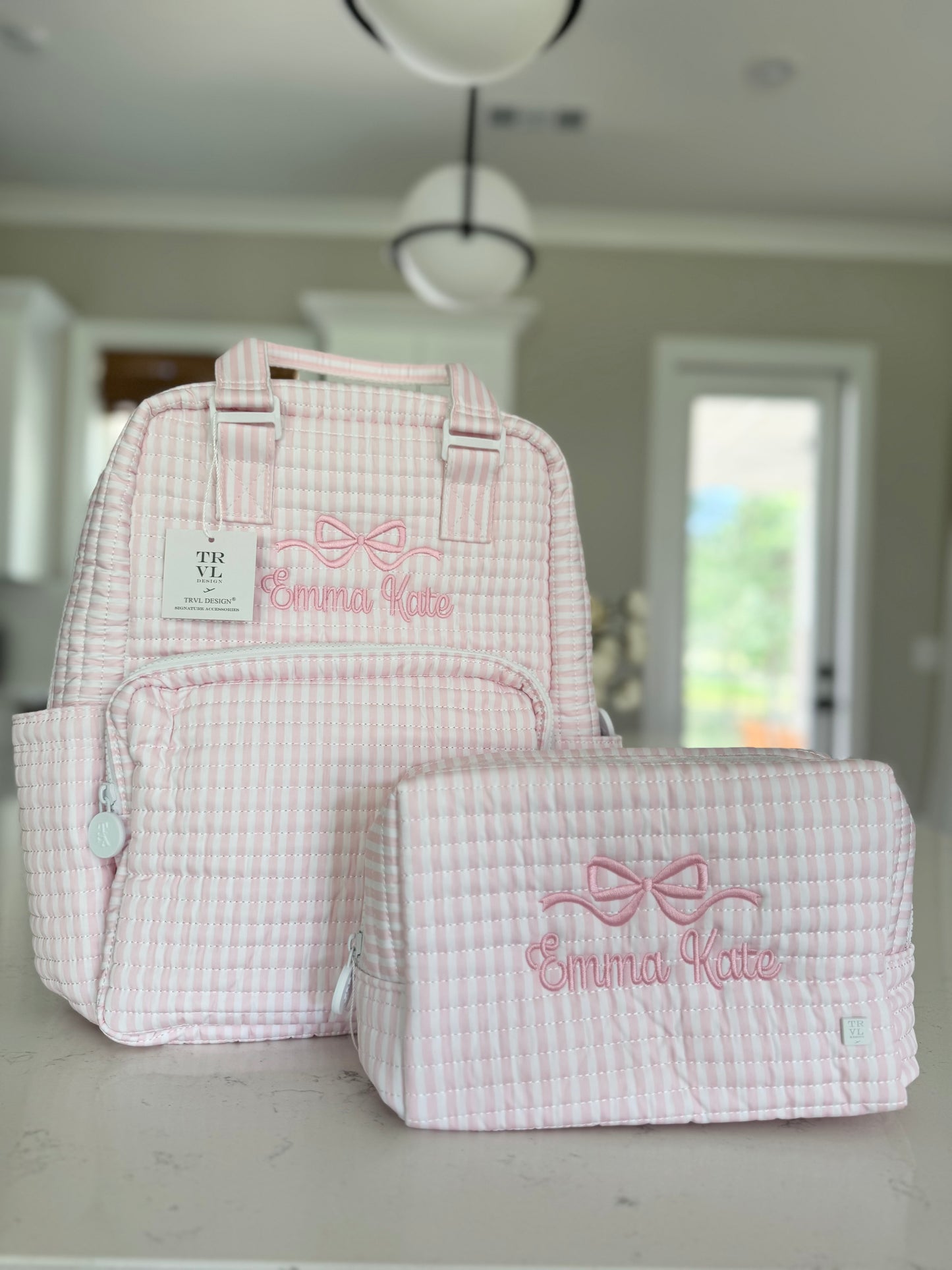 TRVL PINK PIMLICO STRIPE QUILTED DIAPER BAG, CHANGING PAD AND EVERYDAY BAG SET