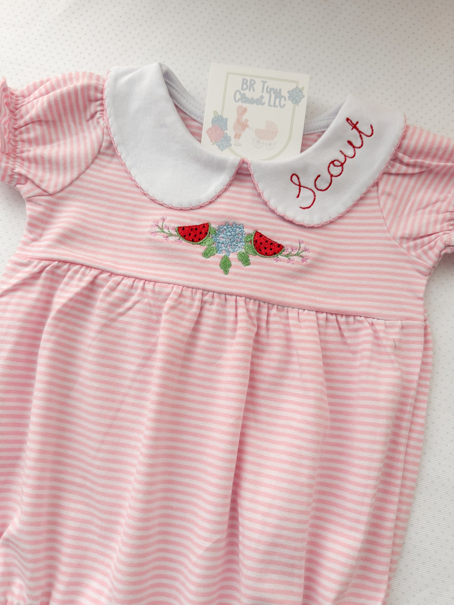 Embroidered SS Pink Stripe Watermelon/Flowers Bubble