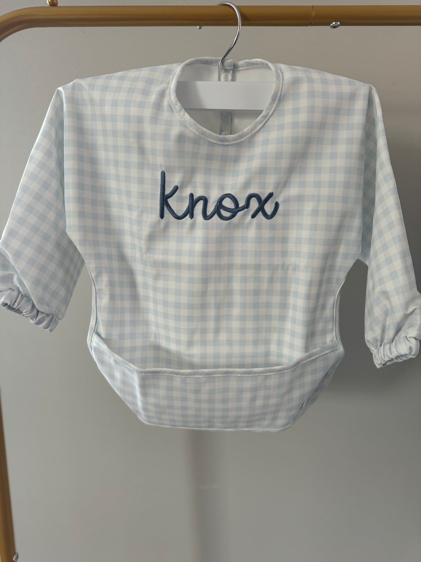 TRVL BLUE GINGHAM LS SMALL BIB