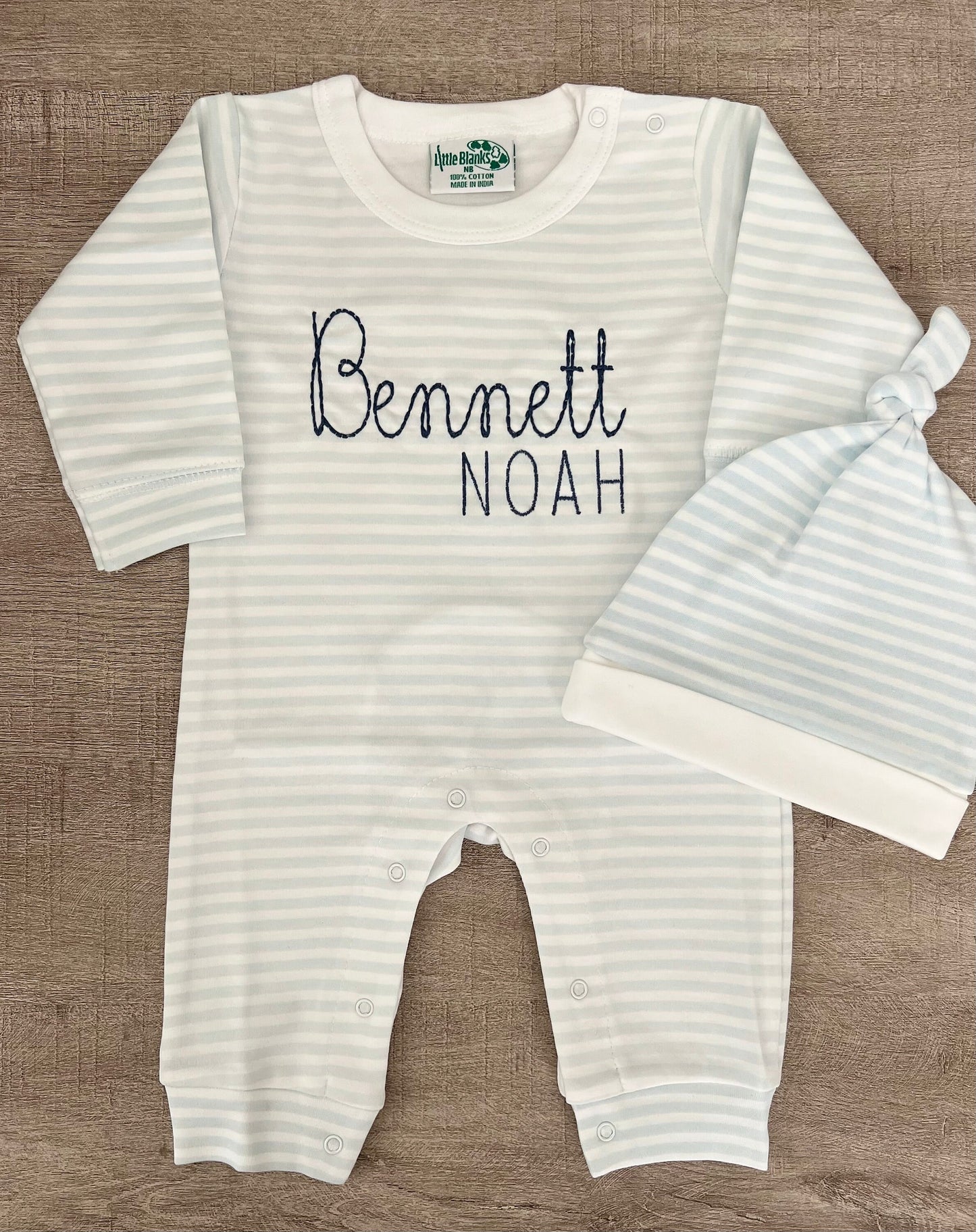 Embroidered Baby Blue & White Stripe Romper+Hat
